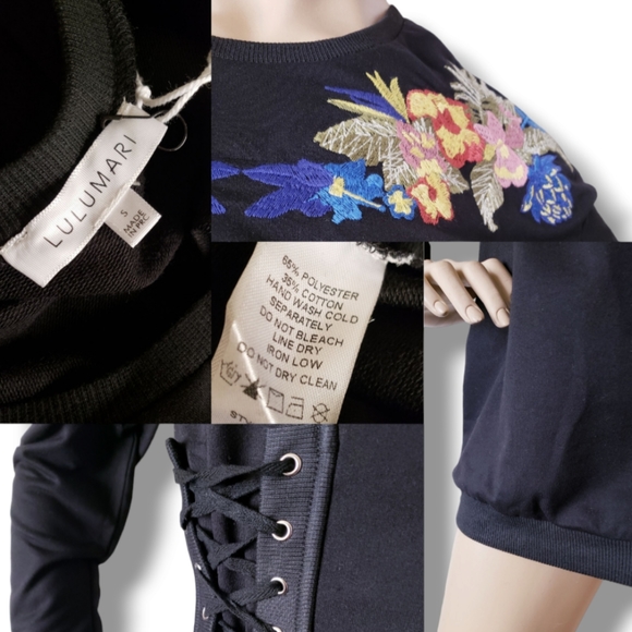 Lulumari Black Waist Lace Up Floral Embroidered Applique Sweater Dress - Picture 7 of 9